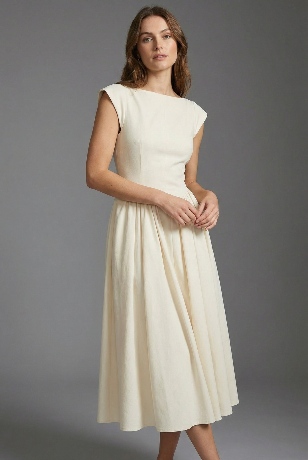Elegant ivory sleeveless high waist midi party dress for women