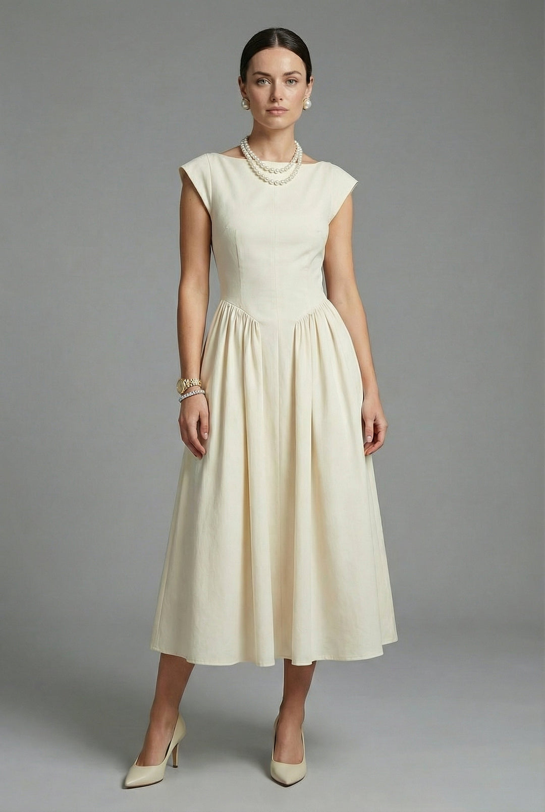 Chic ivory high waist sleeveless midi dress perfect for parties