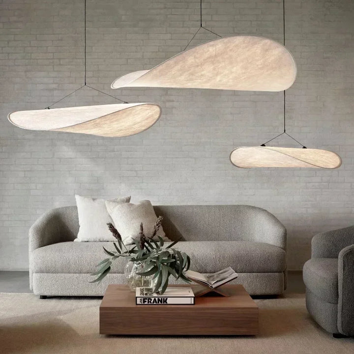Elegant Japanese silk chandelier, handcrafted with a serene wave design, perfect ceiling lamp for ambient lighting.