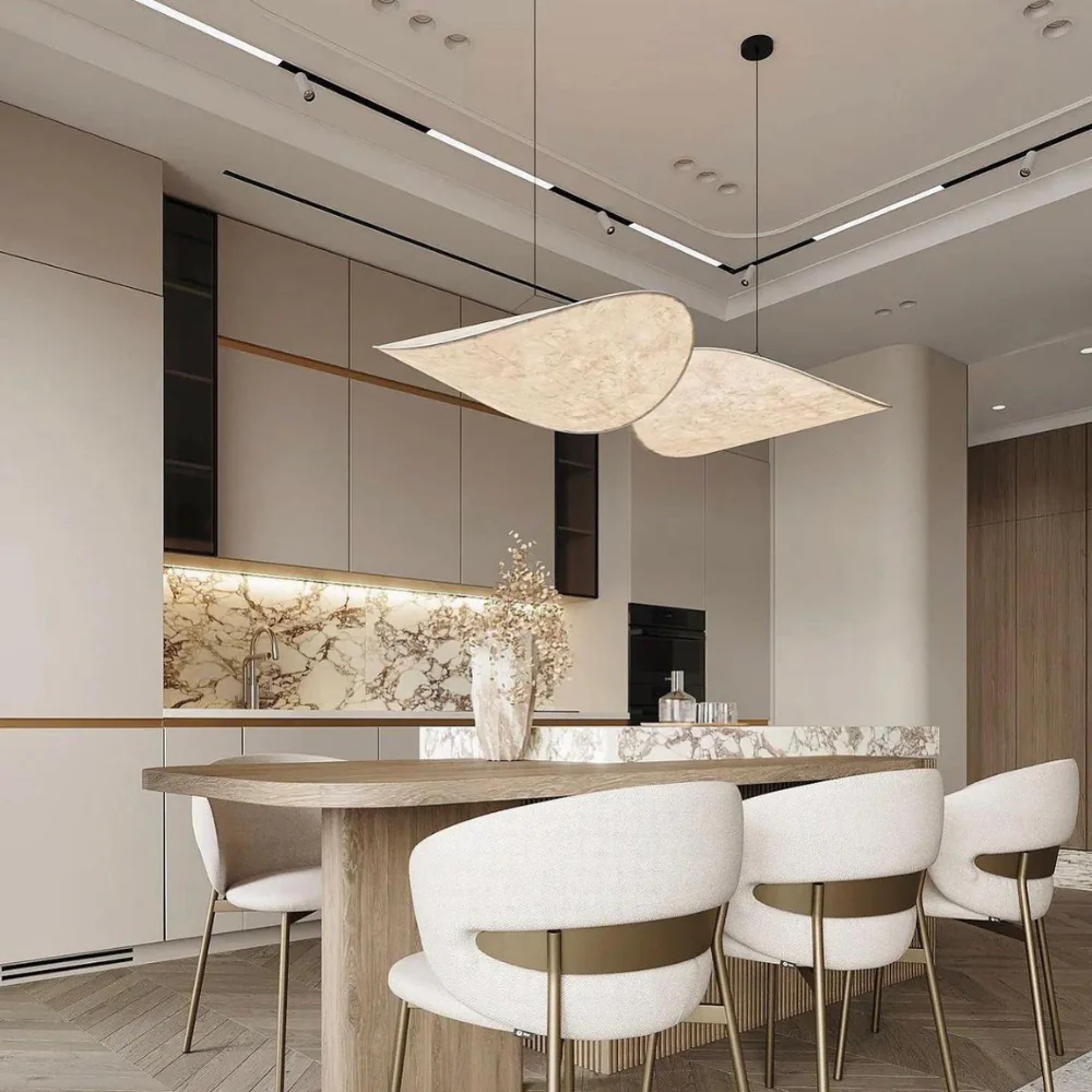 Artisanal Japanese silk chandelier, elegant wave design ceiling lamp, handmade for soothing ambient lighting and decor.