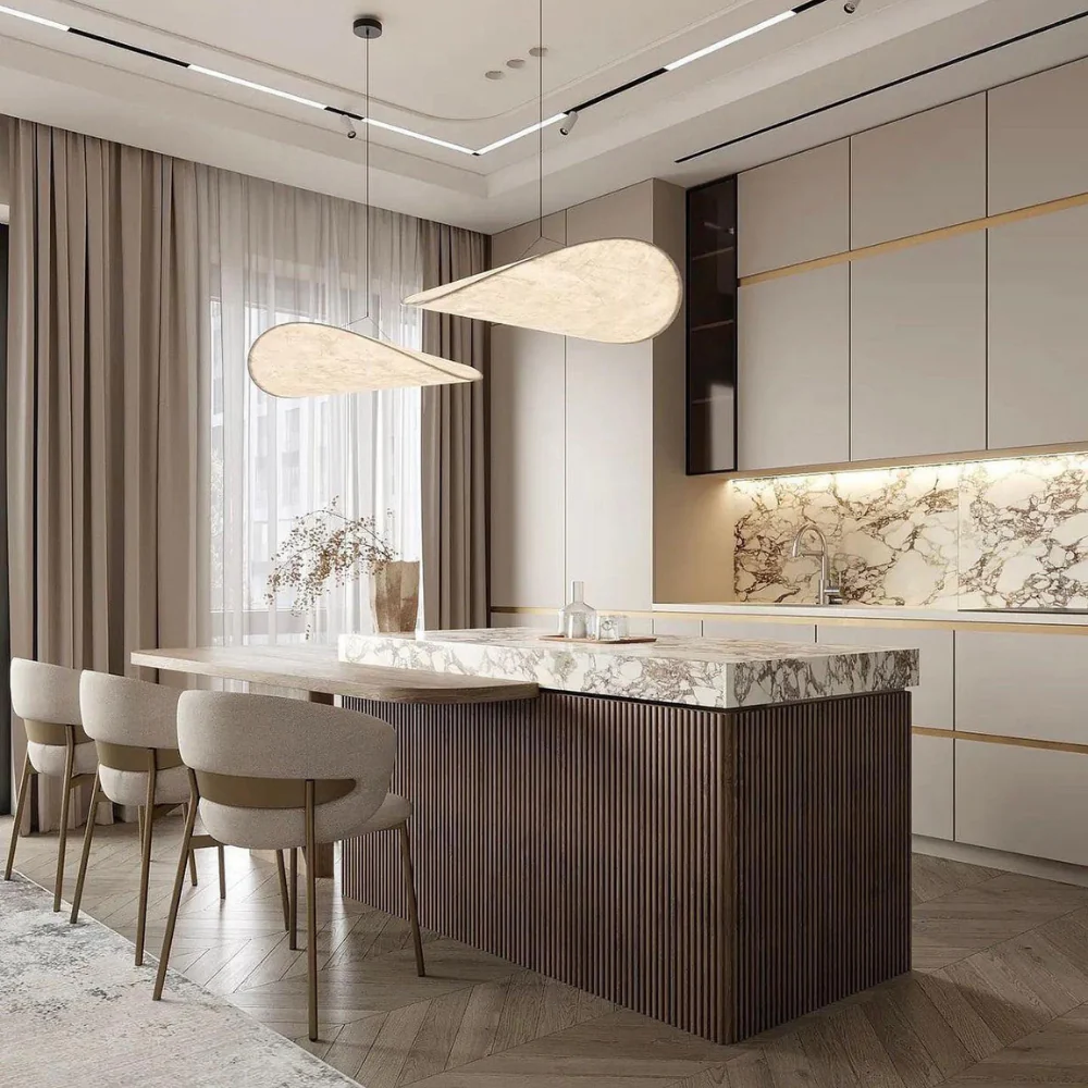Soft glow Japanese silk chandelier, handcrafted elegant ceiling lamp with a beautiful wave design for serene lighting.