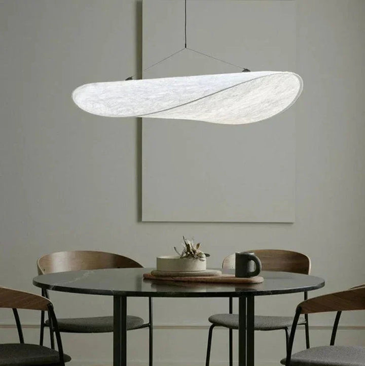 Handmade Japanese silk chandelier, elegant ceiling lamp creating a serene ambiance with its delicate wave design.