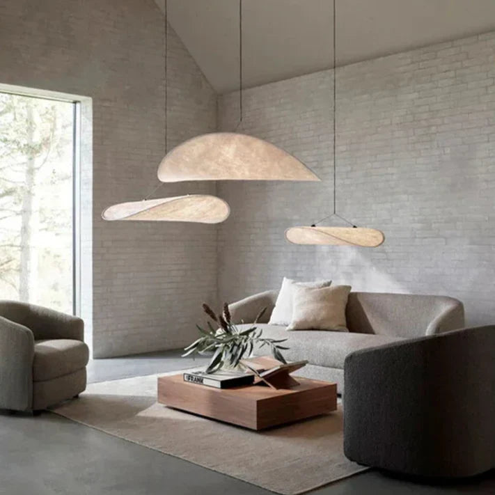 Serene Japanese silk chandelier, handcrafted with an elegant wave design, ideal ceiling lamp for ambient home decor.