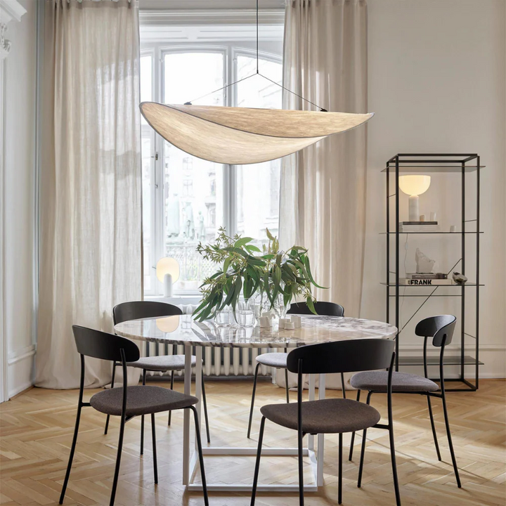 Delicate Japanese silk chandelier with an elegant wave pattern, a handcrafted ceiling lamp offering serene ambient light.