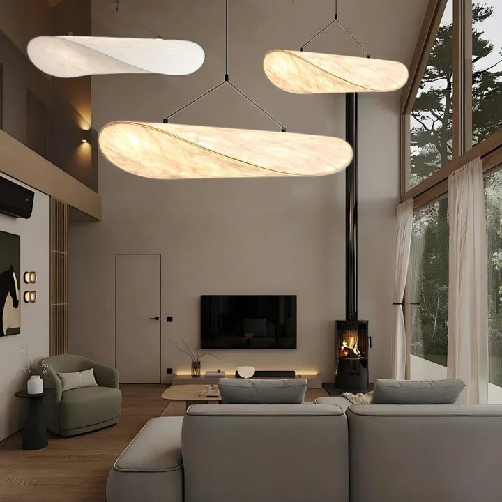 Japanese silk chandelier, handcrafted with a graceful wave design, creating a serene ambiance as an elegant ceiling lamp.