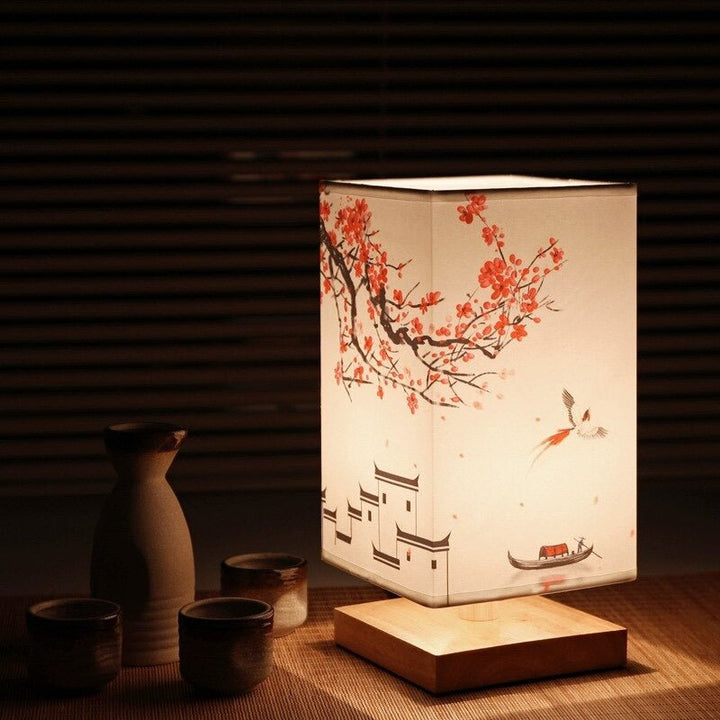 Elegant Japanese style table lamp with fabric shade, perfect for Scandinavian home decor & mood lighting.