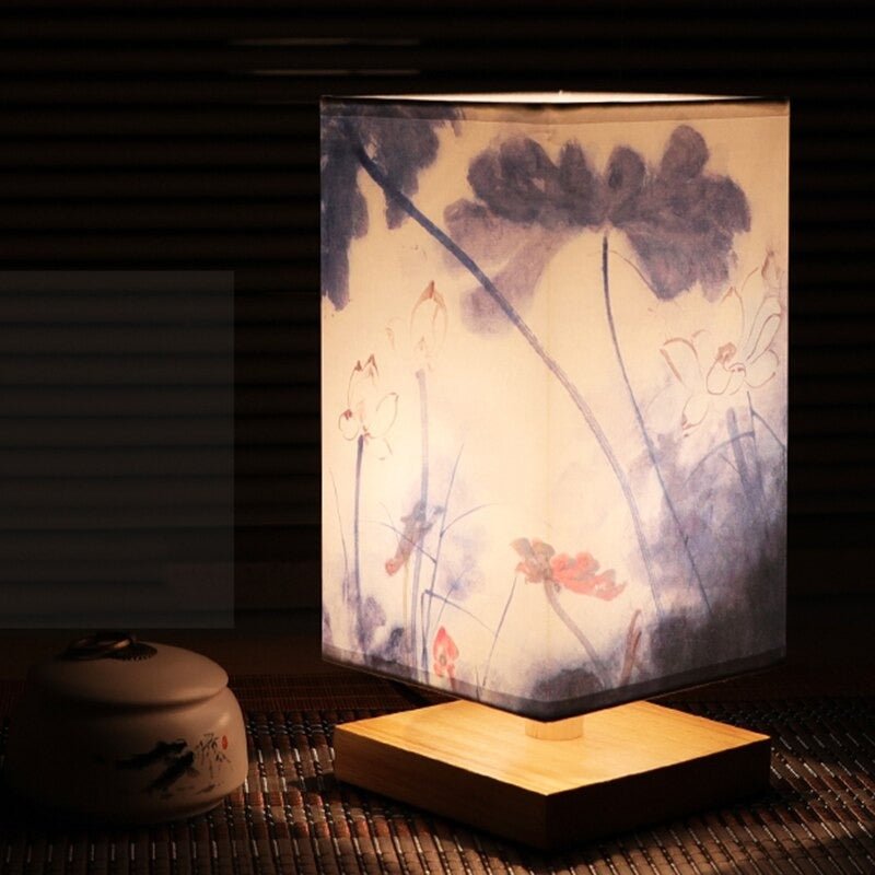 Red flower Japanese print table lamp. Scandinavian design with fabric shade. Ideal accent light for living room.