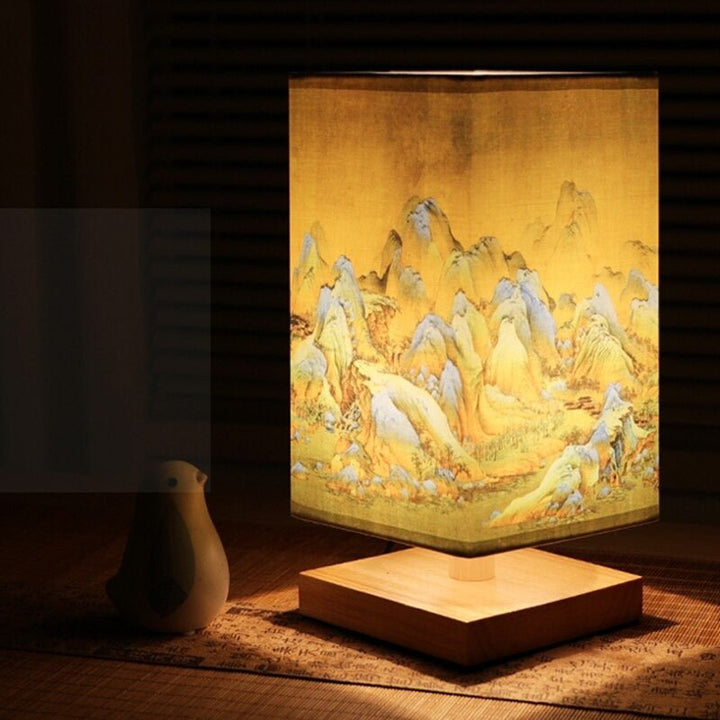 Blue lotus Japanese print table lamp. Scandinavian design mood lighting for bedroom or living room decor.