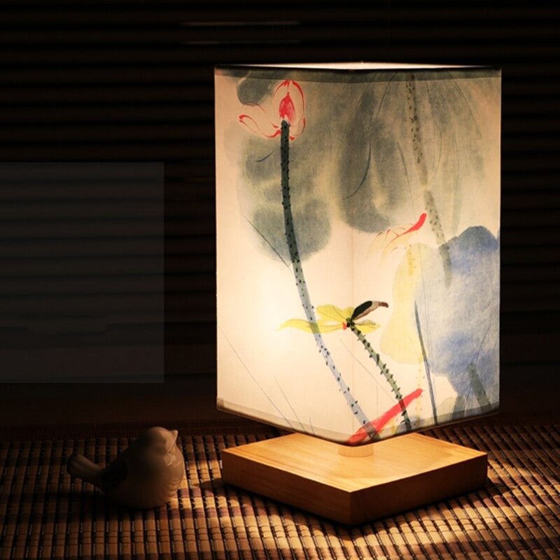 Yellow flower Japanese style table lamp. Scandinavian fabric shade design adds decorative lighting to any home.
