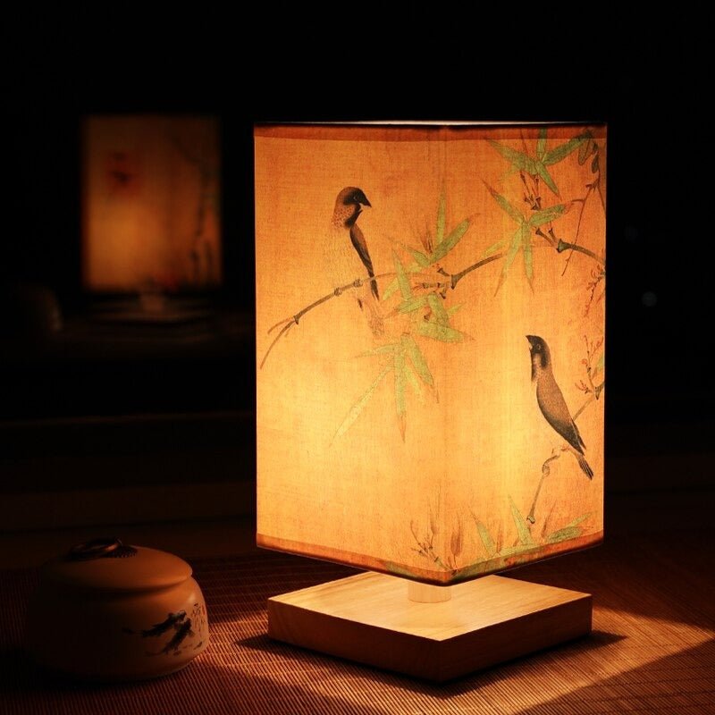Modern Scandinavian table lamp with Japanese pattern fabric shade, providing elegant decorative lighting.