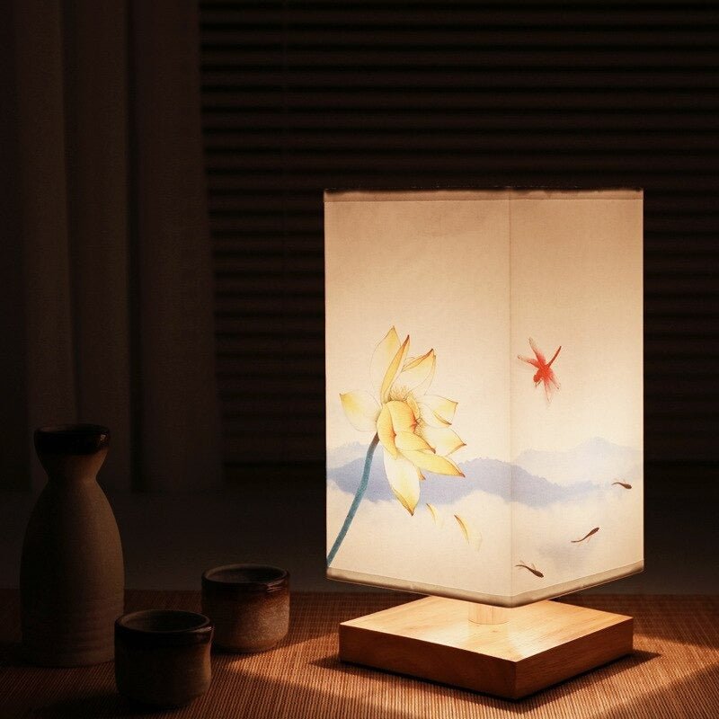 Accent lighting table lamp, Japanese style with blue print & fabric shade. Elegant Scandinavian design for homes.