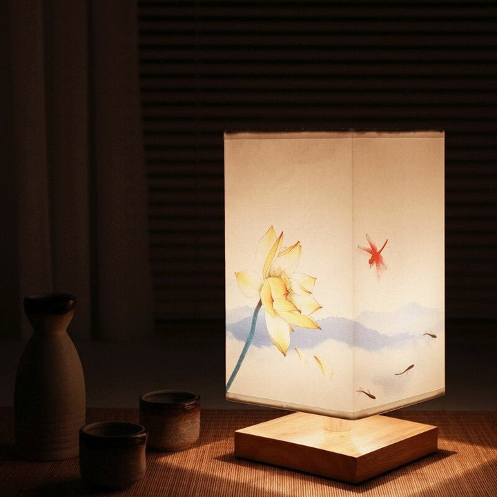 Accent lighting table lamp, Japanese style with blue print & fabric shade. Elegant Scandinavian design for homes.