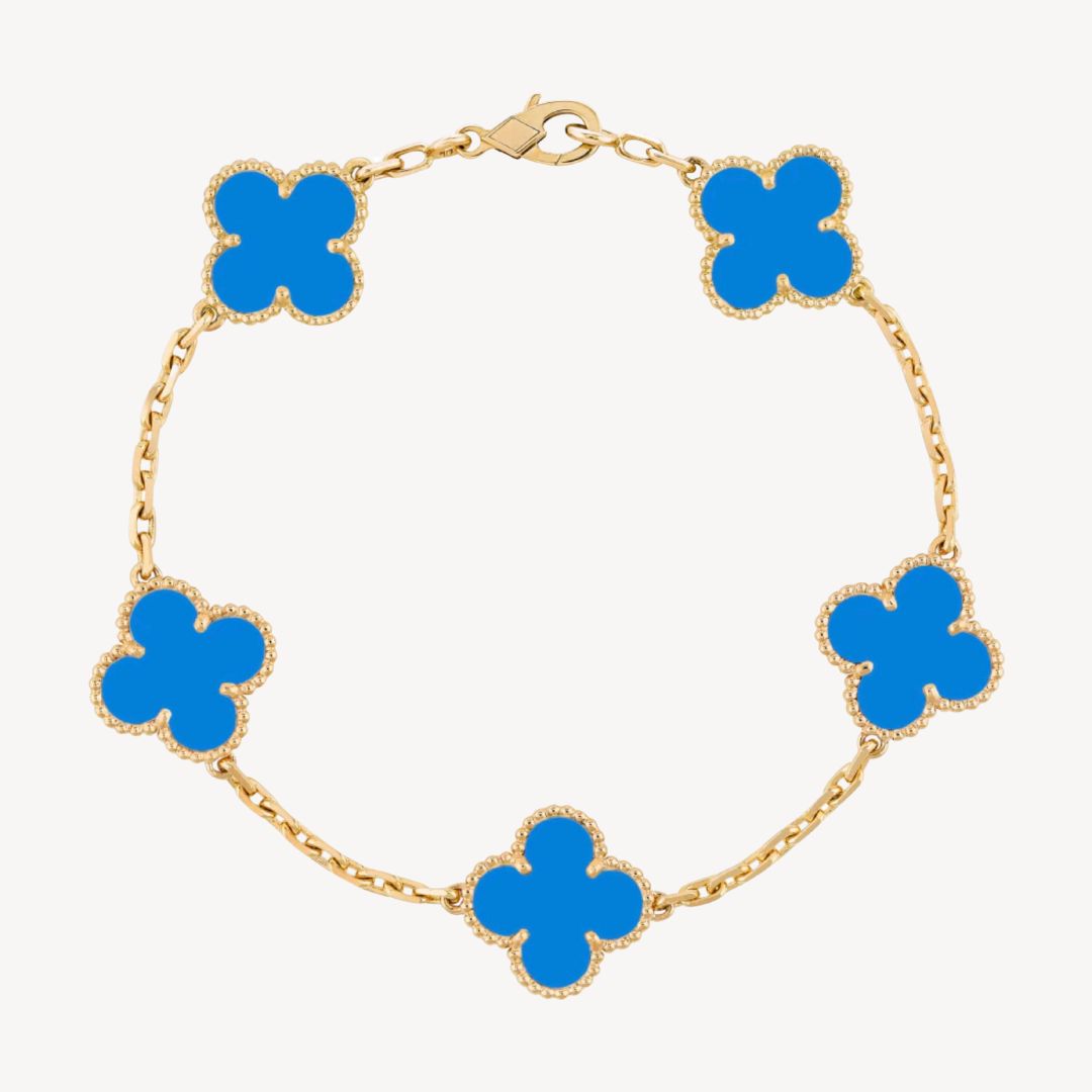 Gold tone clover charm bracelet with colorful agate gems for women, elegant fashion jewelry.