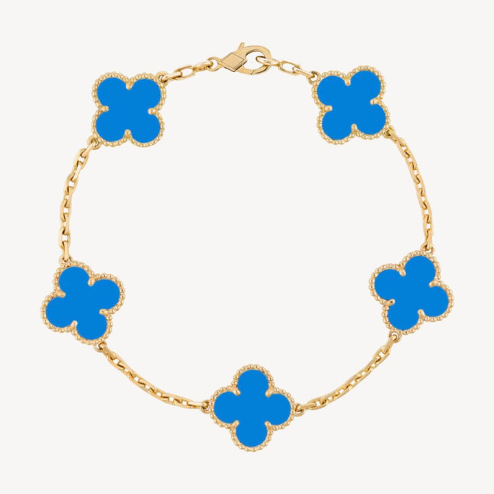 Gold tone clover charm bracelet with colorful agate gems for women, elegant fashion jewelry.