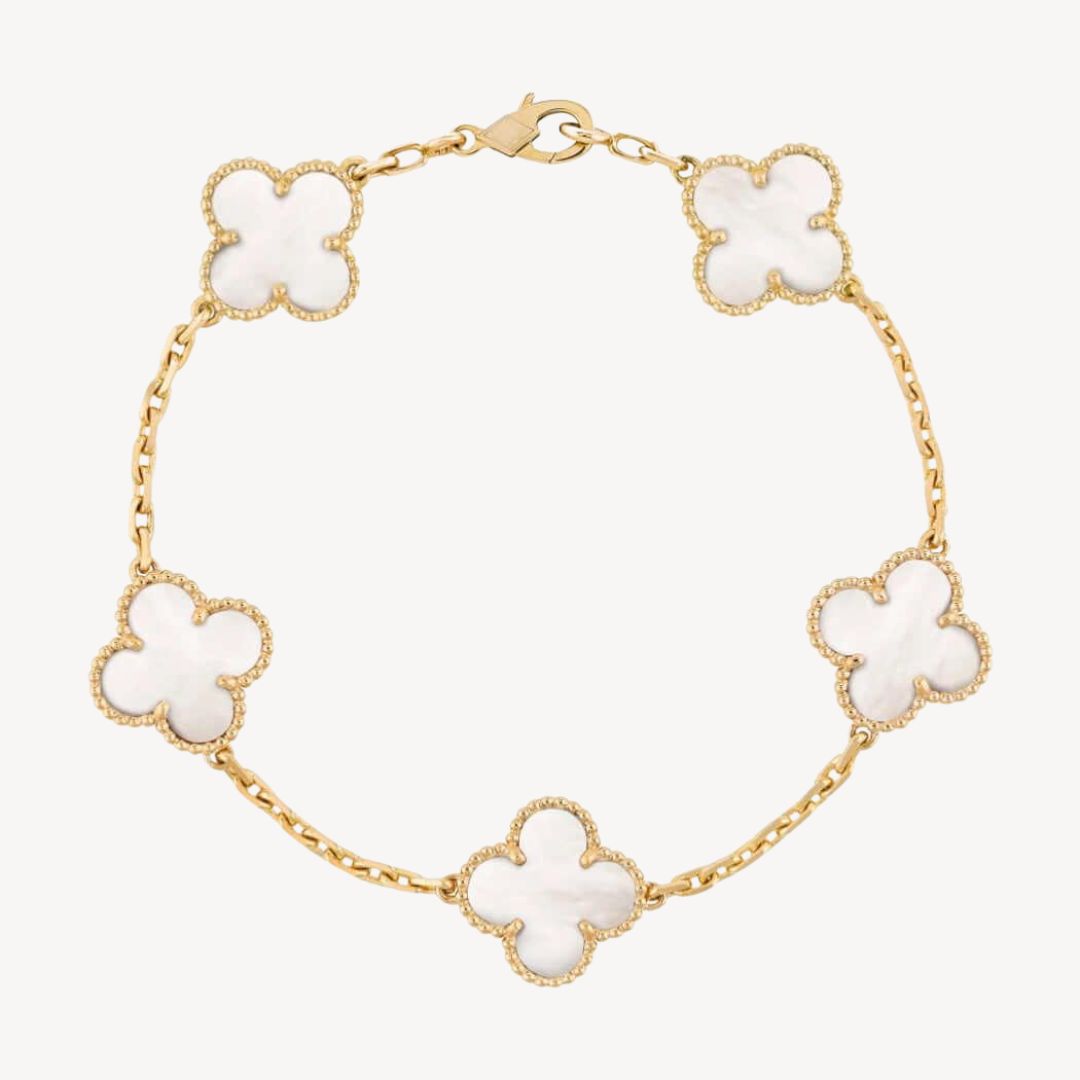 Gold and silver tone elegant clover charm bracelet, a beautiful ladies' agate jewelry piece.