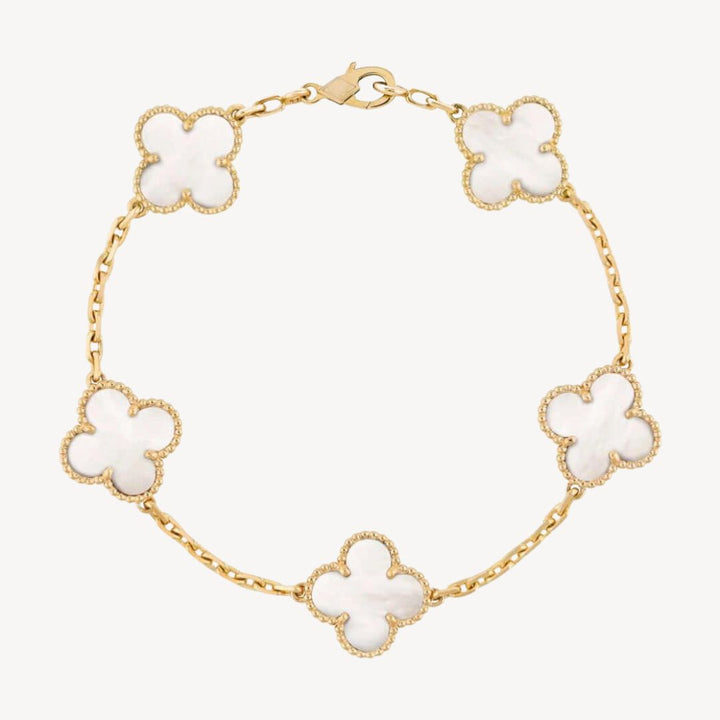 Gold and silver tone elegant clover charm bracelet, a beautiful ladies' agate jewelry piece.