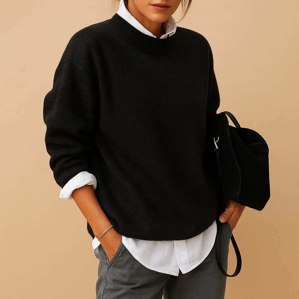 Chic women's fine knit sweater, long sleeve, round neck. Offers timeless comfort & style for everyday and elegant wear.