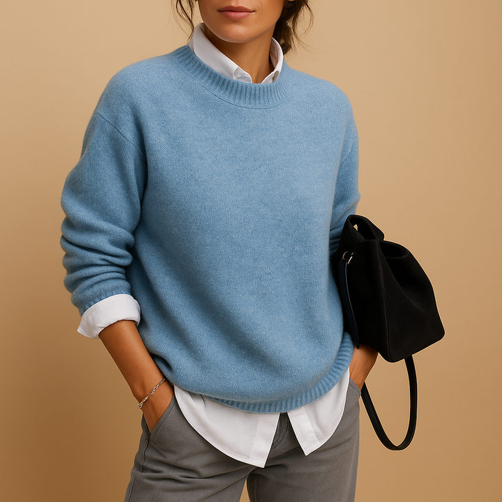 Ladies' fine knit long sleeve jumper. Elegant round neck design, perfect for versatile autumn & winter fashion & comfort.