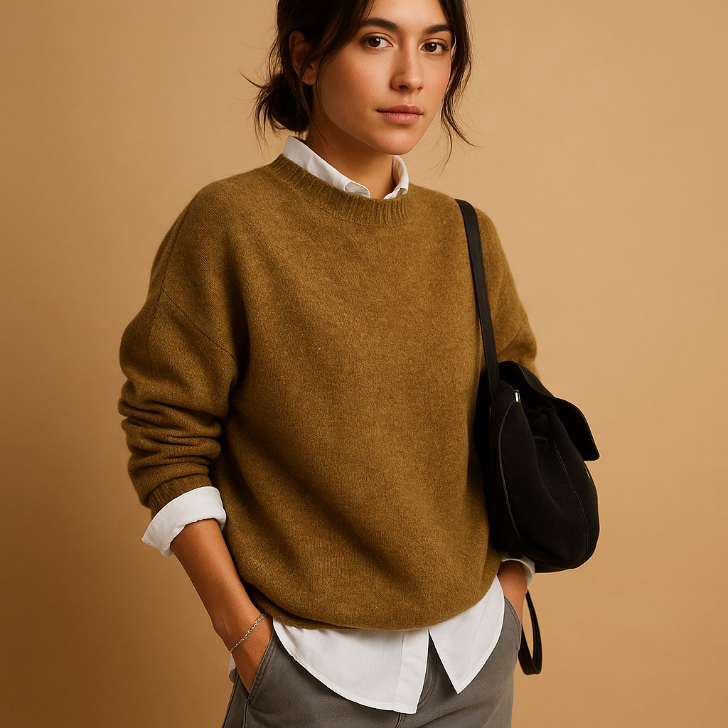 High-quality ladies' fine knit jumper. Elegant long sleeve, round neck sweater for chic autumn, winter style & comfort.