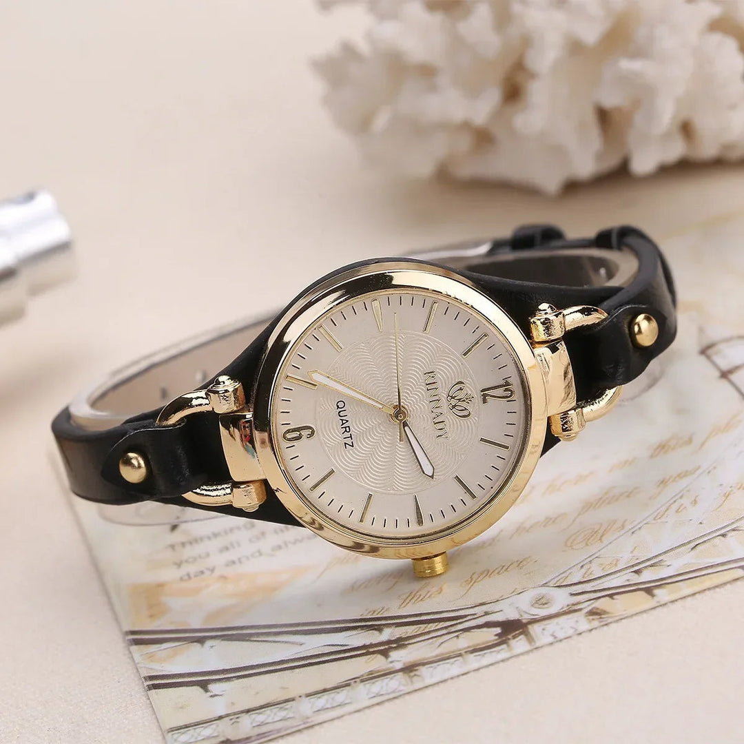 Gift idea: Ladies' engraved dial watch with a chic vegan leather strap for her.