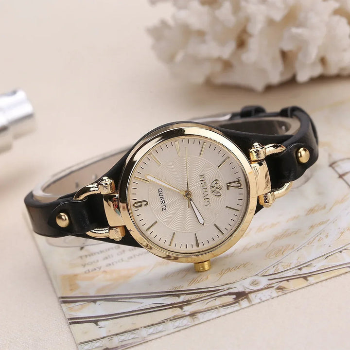 Gift idea: Ladies' engraved dial watch with a chic vegan leather strap for her.
