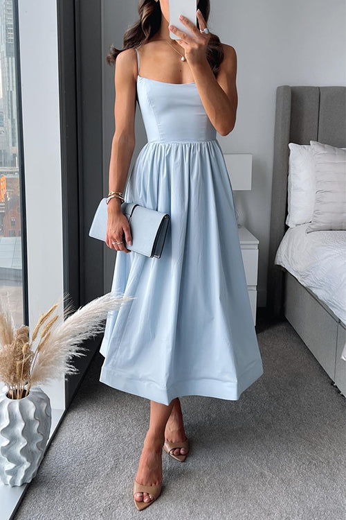 Elegant light blue A-line maxi dress for women, perfect as a sleeveless wedding guest or formal evening party dress.