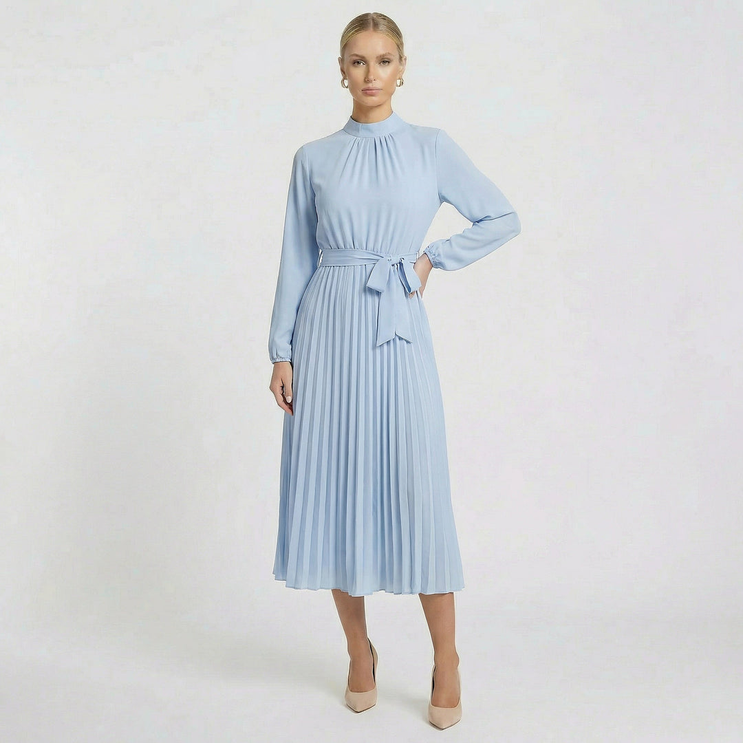 Elegant light blue long sleeve belted midi dress for women, perfect for wedding guests.