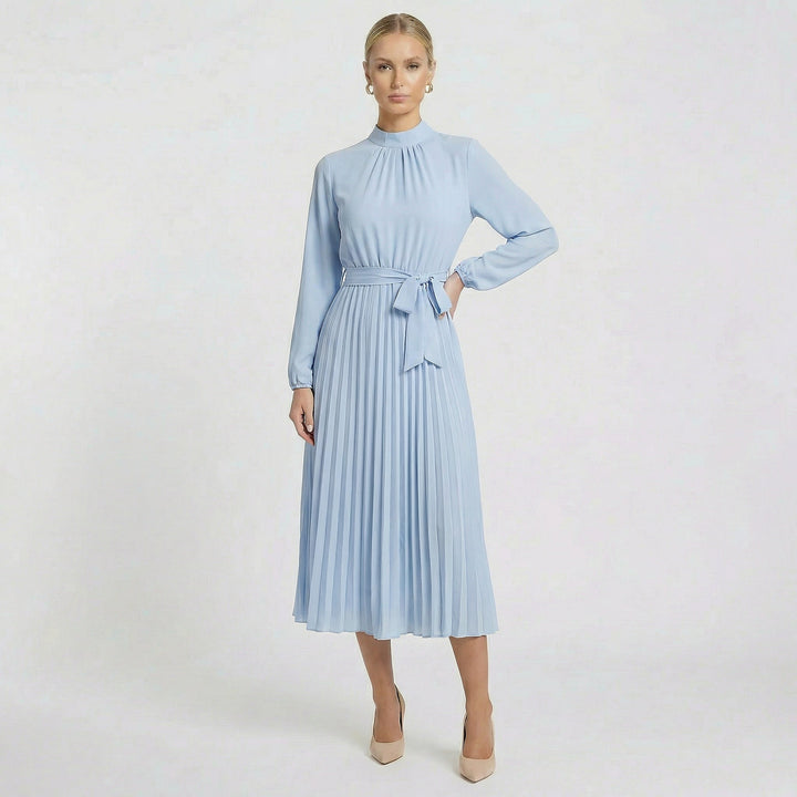 Elegant light blue long sleeve belted midi dress for women, perfect for wedding guests.