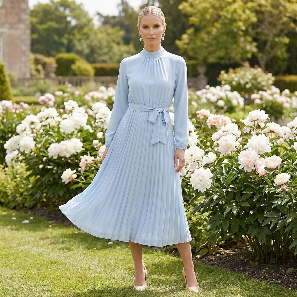 Slim fit pleated midi dress with long sleeves and a flattering belt, ideal occasion wear.