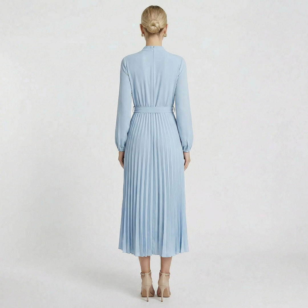 Chic long sleeve slim fit midi dress with belt and pleats, a stylish wedding guest option.