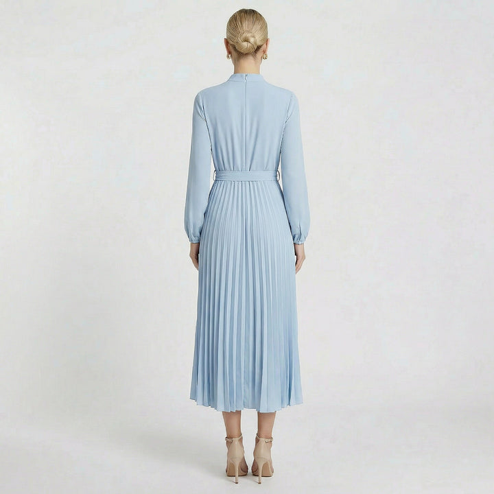 Chic long sleeve slim fit midi dress with belt and pleats, a stylish wedding guest option.