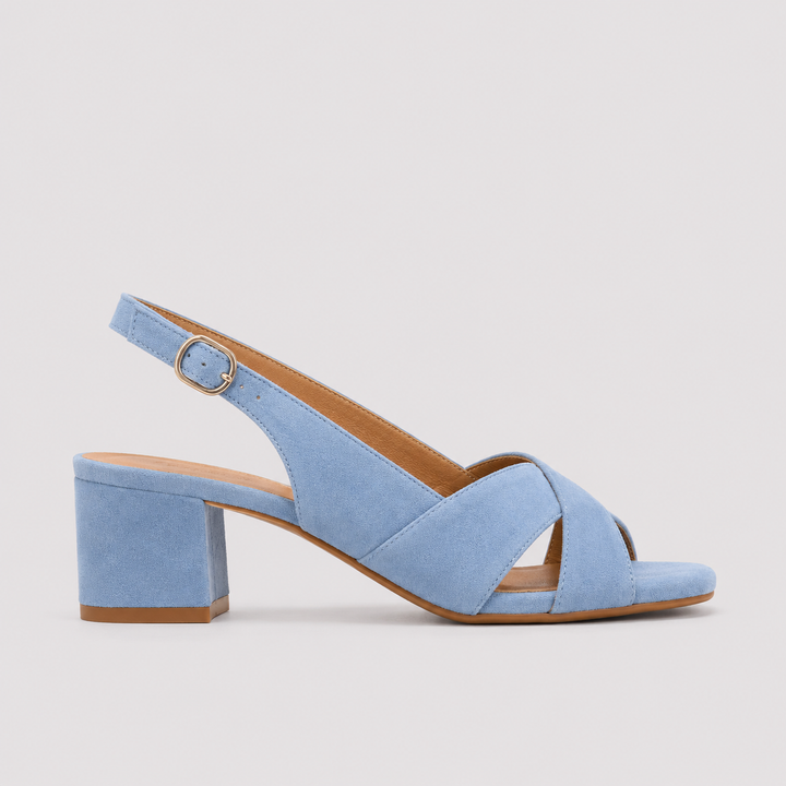 Elegant light blue women's block heel summer sandals with ankle strap, perfect for versatile chic fashion.