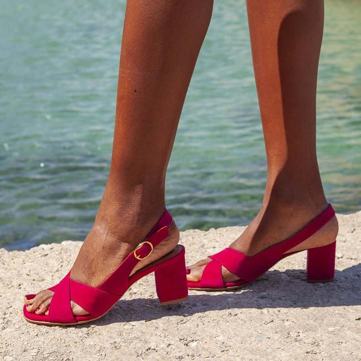 Stylish women's elegant block heel sandals in vibrant colors, ideal summer shoes for comfort & fashion.