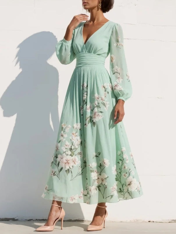 Women's flowy A-line floral midi dress with a chic V-neck, ideal for spring fashion & elegant day wear.