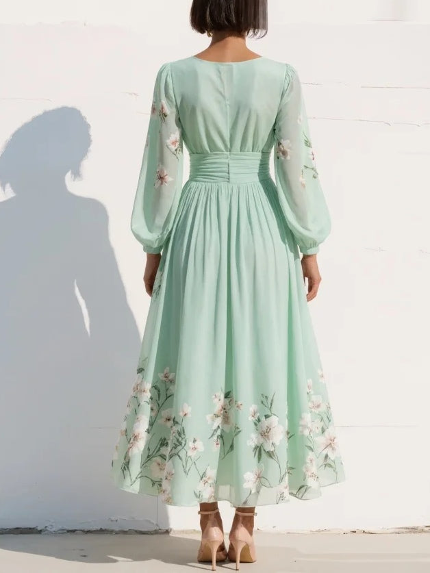 Vibrant floral midi dress for women, elegant A-line silhouette, features a flattering V-neck, great for special events.