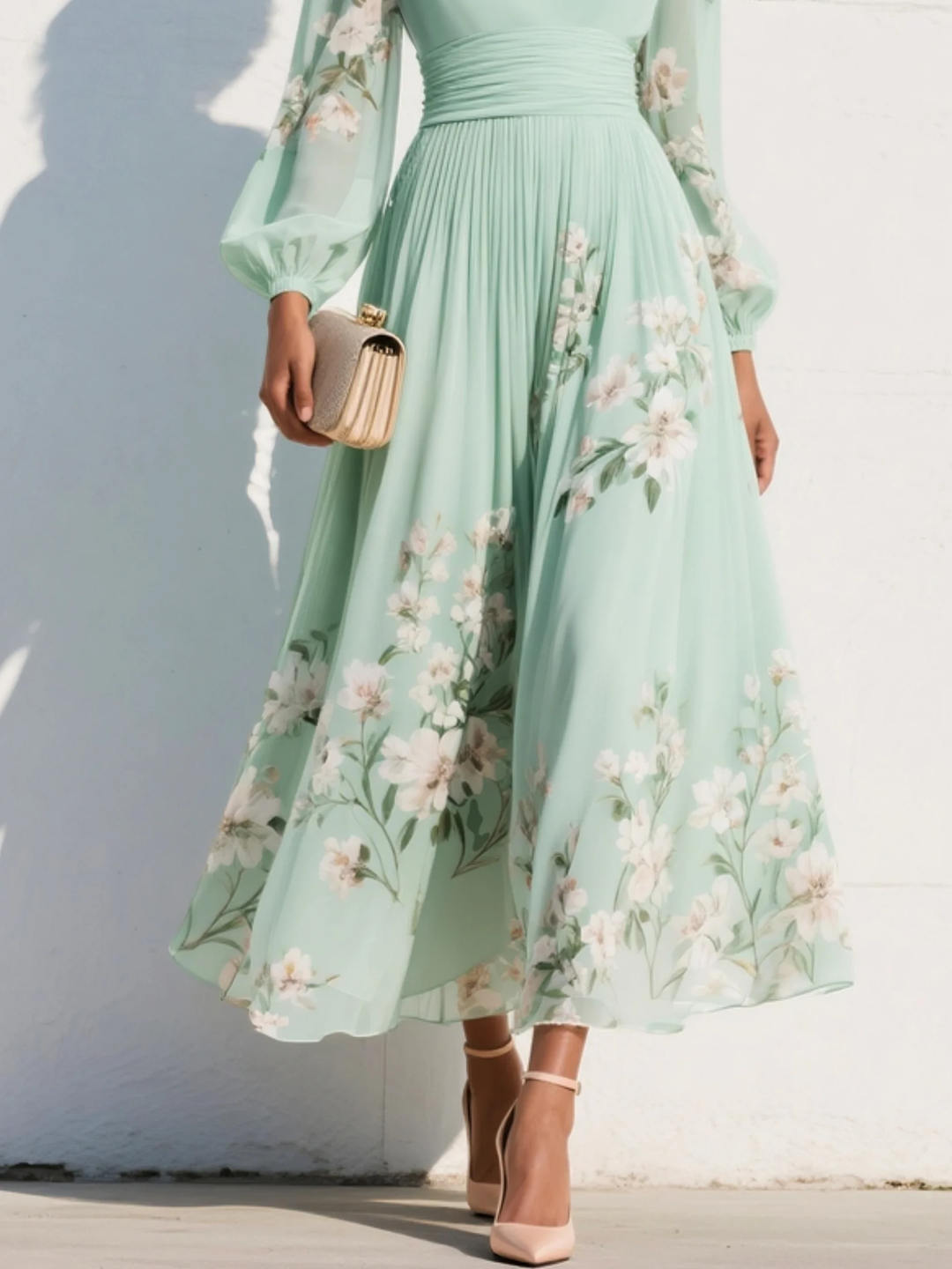 Chic floral A-line midi dress for women with elegant V-neckline, suitable for summer, spring, and party wear.