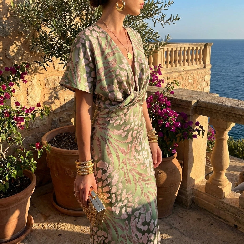 Elegant light green women's V-neck wrap maxi dress, perfect for wedding guests, formal events, or evening wear.
