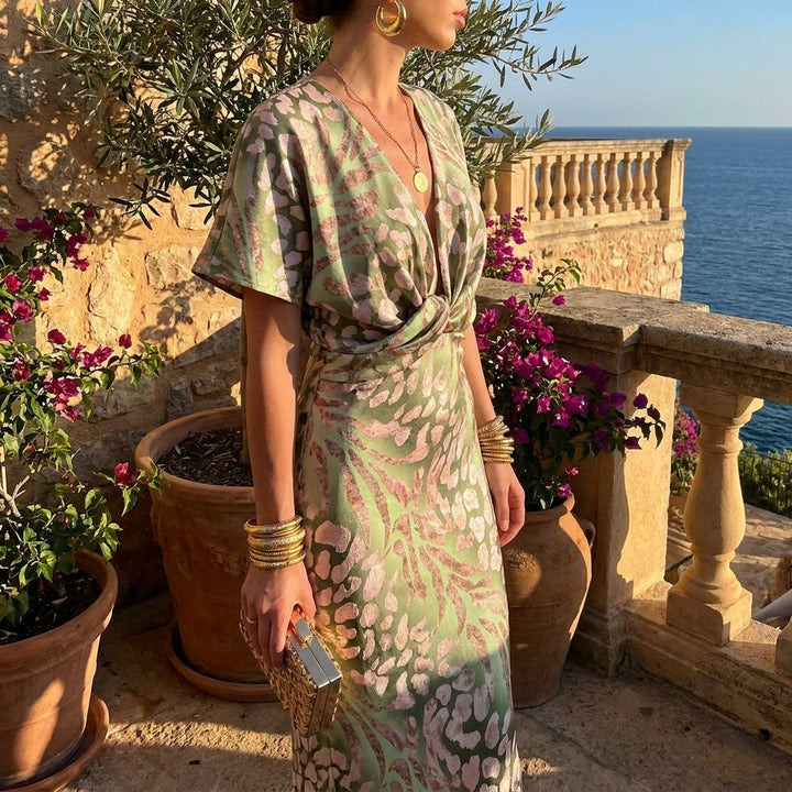 Elegant light green women's V-neck wrap maxi dress, perfect for wedding guests, formal events, or evening wear.