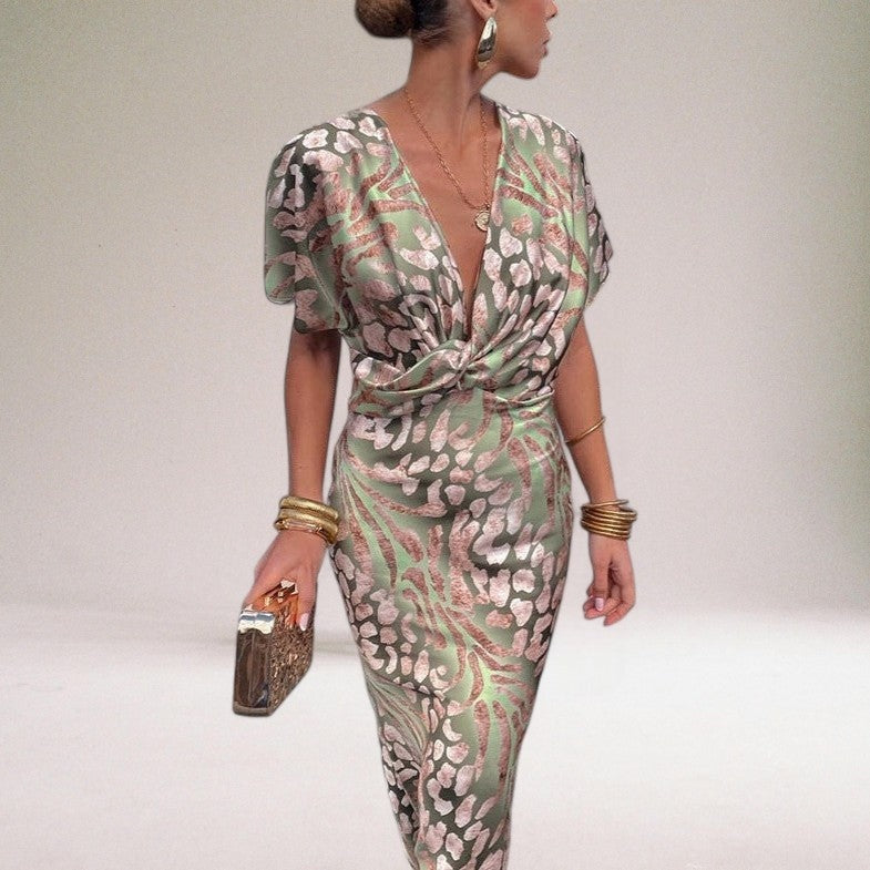 Chic light green women's formal maxi gown, a stylish V-neck wrap dress ideal for wedding guests & parties.