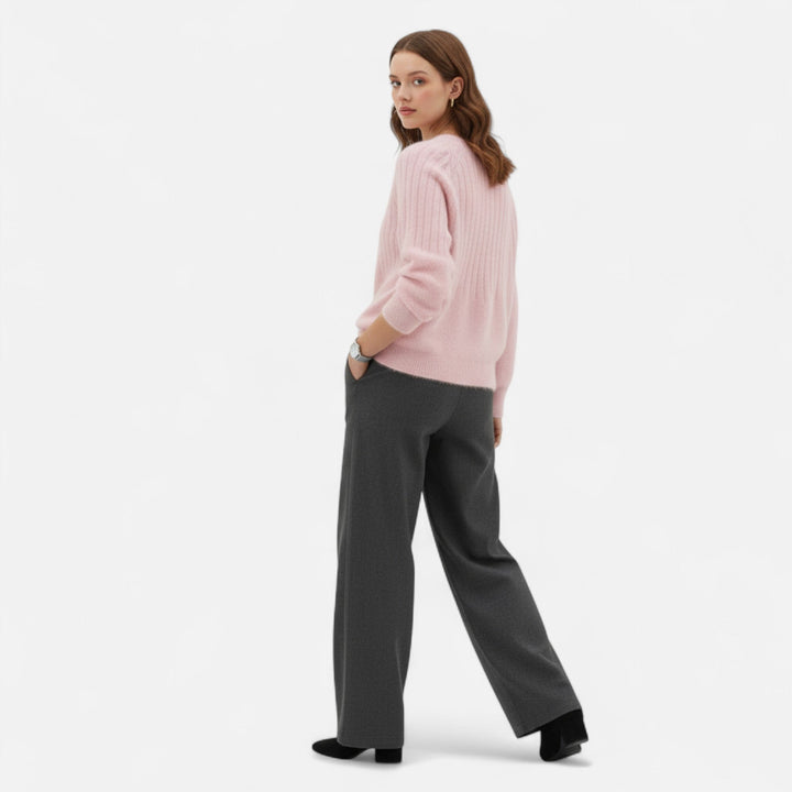 Khaki women's knit sweater, a versatile layering piece. Soft, comfortable, and casual chic for any occasion.