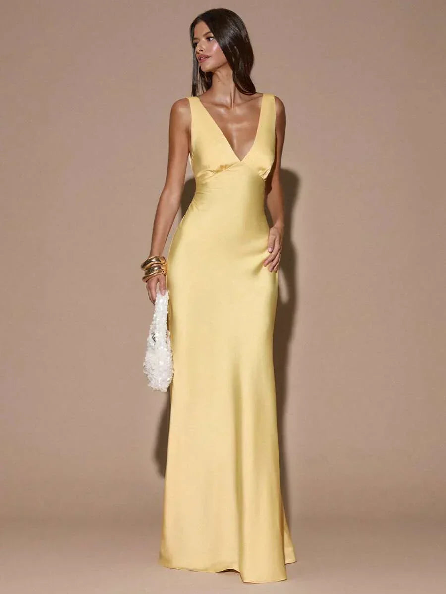 Light yellow women's V-neck backless maxi dress, an elegant formal gown for special occasions & evening parties.