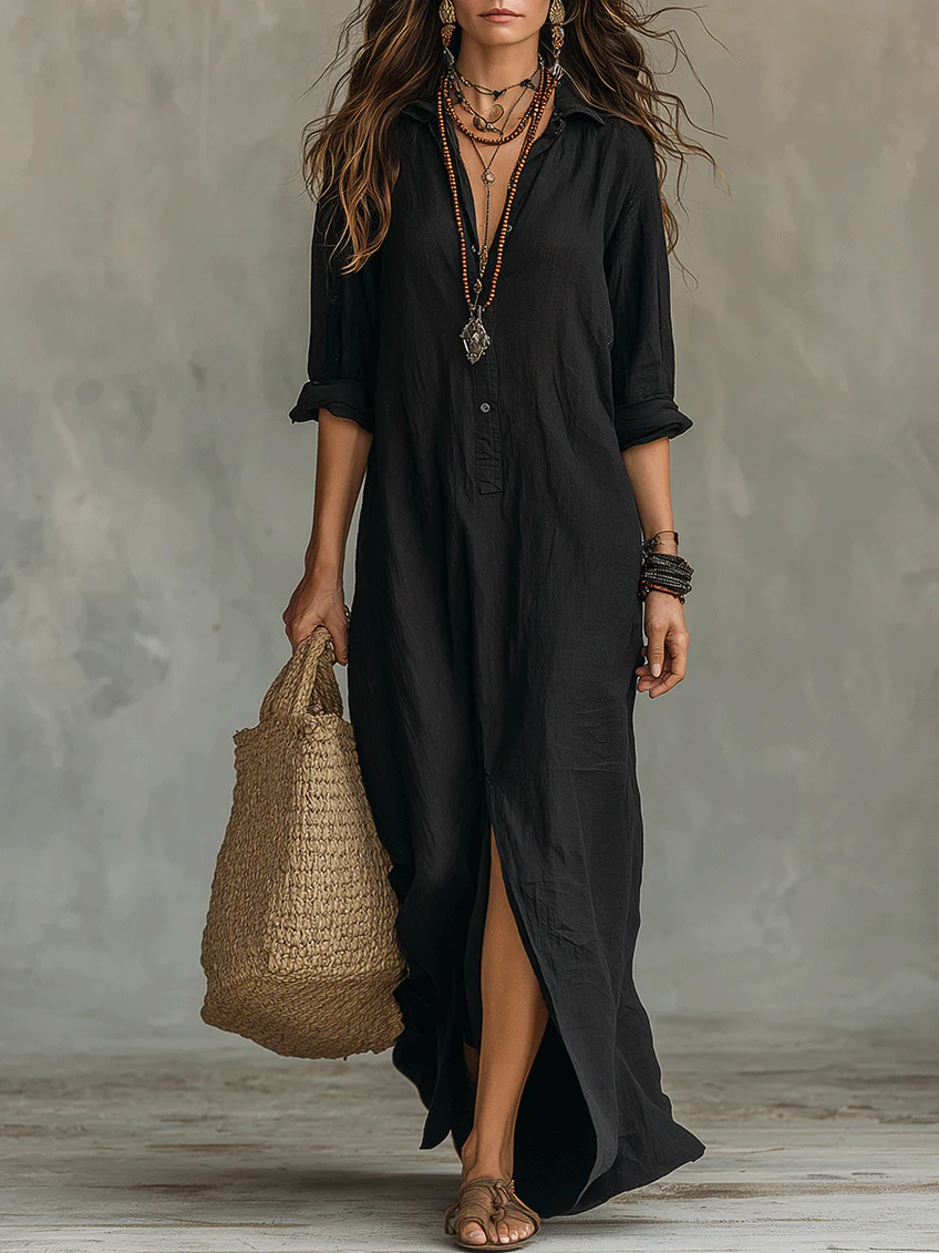 Elegant long sleeve button-front shirt dress for women, perfect for fall & spring casual wear.