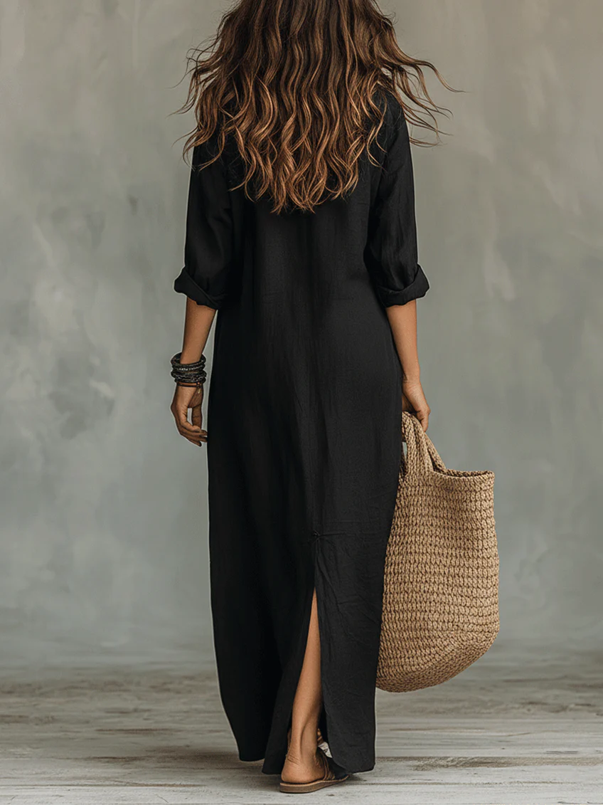 Chic women's shirt dress with long sleeves and full button-front. Elegant casual wear for spring/fall.