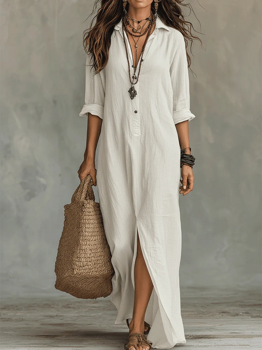 Comfortable & elegant women's long sleeve button-front shirt dress. Perfect versatile casual wear.