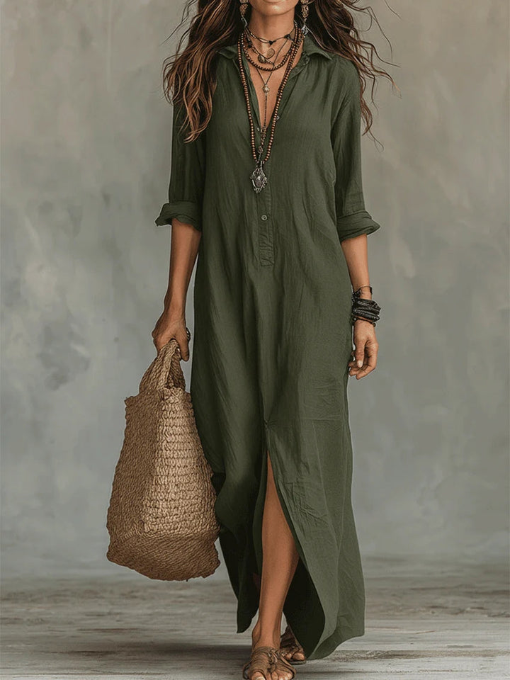 Fashionable women's long sleeve, button-front shirt dress. An elegant and versatile casual dress for women.