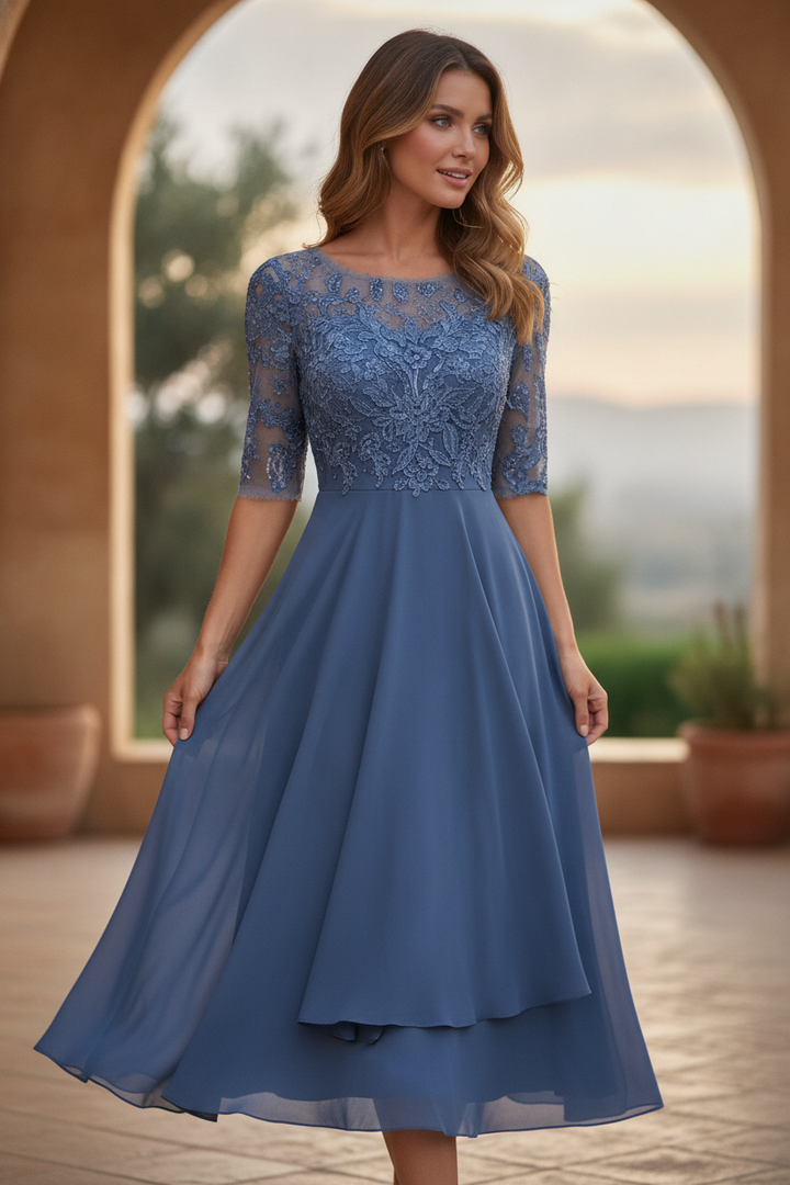 Elegant long sleeve midi dress for women, perfect as a wedding guest or formal occasion wear.