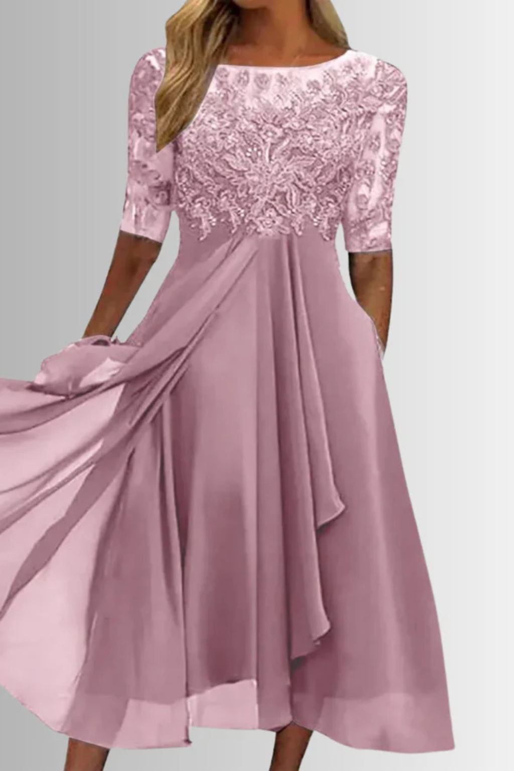 A-line elegant long sleeve midi dress, versatile for wedding guests and formal occasions.