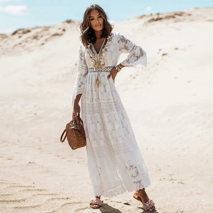 Stylish women's long-sleeved bohemian dress. Elegant, artistic design with a flowy silhouette for fall/spring fashion.