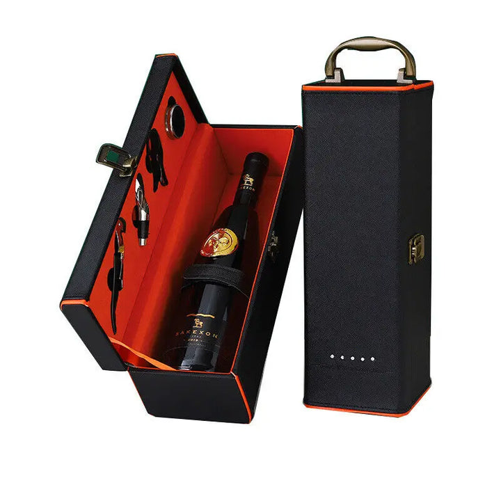 A luxury wine accessory gift set in a sleek black carrying case, ideal for any wine lover.