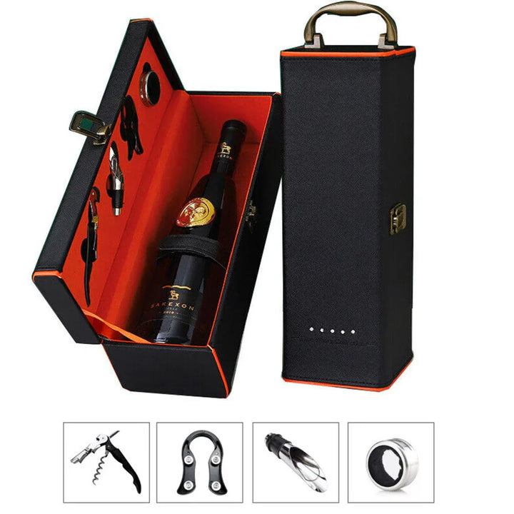 Premium wine storage case, ideal gift for wine lovers, holds bottles & openers safely.